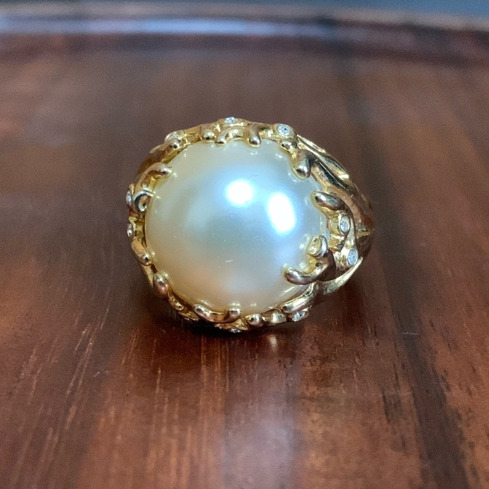 RJ stamped gold tone faux pearl ring